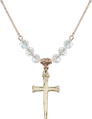 18" Hamilton Gold Plated Necklace with 4mm Crystal Beads featuring a 14kt Gold Filled Nail Cross Medal.