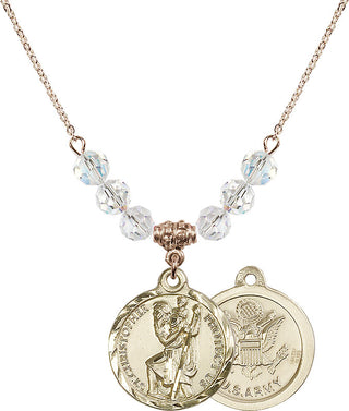 18" Hamilton Gold Plated Necklace with 4mm Crystal Beads featuring a 14kt Gold Filled Saint Christopher / Army Medal.