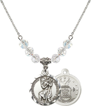 18" Rhodium Plated Necklace with 4mm Crystal Beads featuring a Sterling Silver Saint Christopher / Air Force Medal.