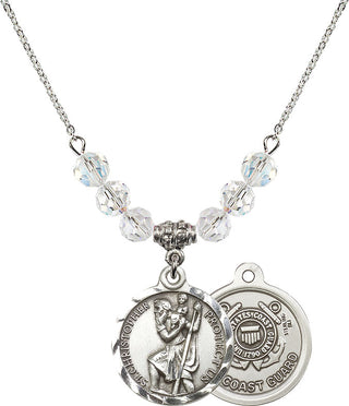 18" Rhodium Plated Necklace with 4mm Crystal Beads featuring a Sterling Silver Saint Christopher / Coast Guard Medal.
