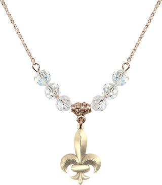 18" Hamilton Gold Plated Necklace with 4mm Crystal Beads featuring a 14kt Gold Filled Fleur de Lis Medal.