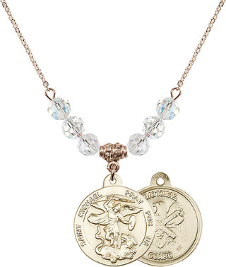 18" Hamilton Gold Plated Necklace with 4mm Crystal Beads featuring a 14kt Gold Filled Saint Michael / Nat'l Guard Medal.