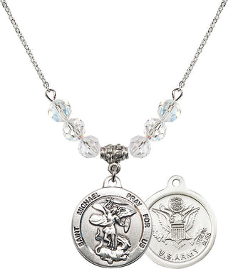18" Rhodium Plated Necklace with 4mm Crystal Beads featuring a Sterling Silver Saint Michael / Army Medal.