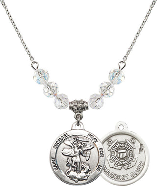 18" Rhodium Plated Necklace with 4mm Crystal Beads featuring a Sterling Silver Saint Michael / Coast Guard Medal.