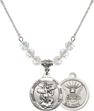 18" Rhodium Plated Necklace with 4mm Crystal Beads featuring a Sterling Silver Saint Michael / Navy Medal.
