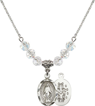 18" Rhodium Plated Necklace with 4mm Crystal Beads featuring a Sterling Silver Miraculous Medal.