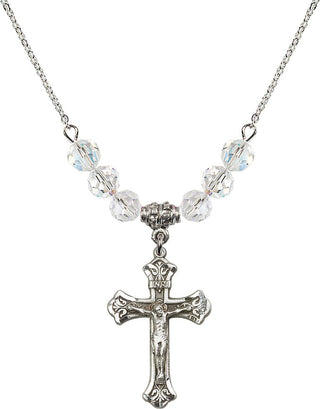 18" Rhodium Plated Necklace with 4mm Crystal Beads featuring a Sterling Silver Crucifix Medal.