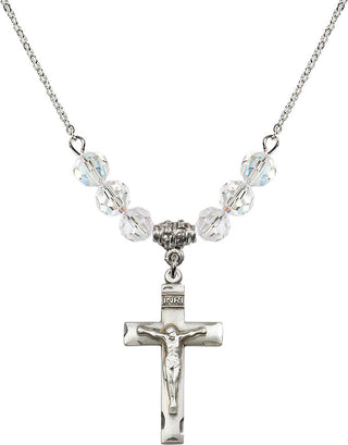 18" Rhodium Plated Necklace with 4mm Crystal Beads featuring a Sterling Silver Crucifix Medal.