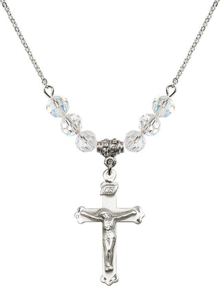 18" Rhodium Plated Necklace with 4mm Crystal Beads featuring a Sterling Silver Crucifix Medal.