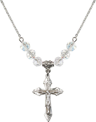 18" Rhodium Plated Necklace with 4mm Crystal Beads featuring a Sterling Silver Crucifix Medal.