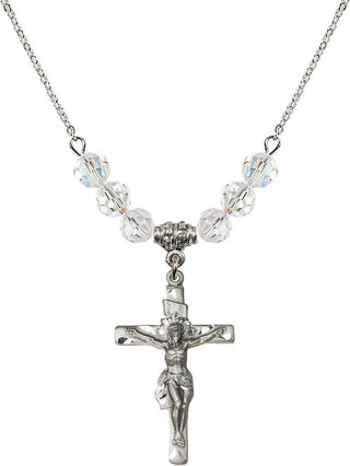 18" Rhodium Plated Necklace with 4mm Crystal Beads featuring a Sterling Silver Crucifix Medal.
