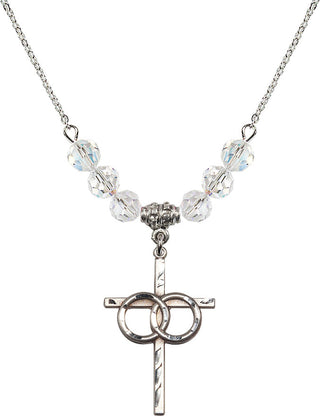 18" Rhodium Plated Necklace with 4mm Crystal Beads featuring a Sterling Silver Wedding Rings Cross Medal.