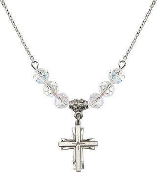18" Rhodium Plated Necklace with 4mm Crystal Beads featuring a Sterling Silver Cross Medal.