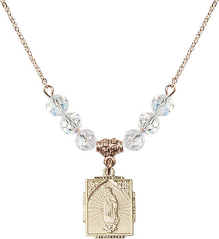 18" Hamilton Gold Plated Necklace with 4mm Crystal Beads featuring a 14kt Gold Filled Our Lady of Guadalupe Medal. Engraved Catholic Saint Jewelry
