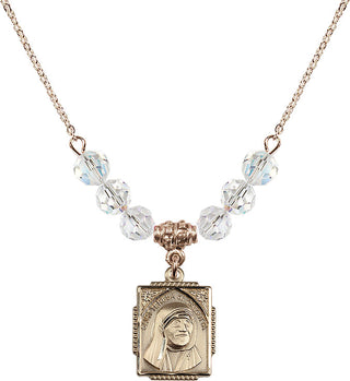 18" Hamilton Gold Plated Necklace with 4mm Crystal Beads featuring a 14kt Gold Filled Saint Teresa of Calcutta Medal. Engraved Catholic Saint Jewelry