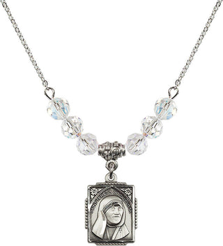 18" Rhodium Plated Necklace with 4mm Crystal Beads featuring a Sterling Silver Saint Teresa of Calcutta Medal. Engraved Catholic Saint Jewelry