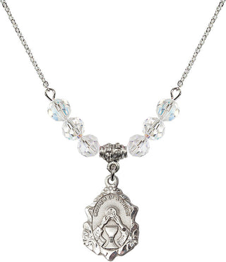 18" Rhodium Plated Necklace with 4mm Crystal Beads featuring a Sterling Silver Mother of a Priest Medal. Engraved Catholic Saint Jewelry