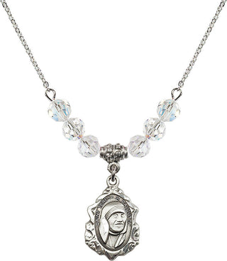 18" Rhodium Plated Necklace with 4mm Crystal Beads featuring a Sterling Silver Saint Teresa of Calcutta Medal.