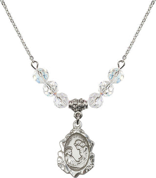 18" Rhodium Plated Necklace with 4mm Crystal Beads featuring a Sterling Silver Saint Cecilia Medal. Engraved Catholic Saint Jewelry