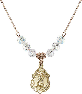 18" Hamilton Gold Plated Necklace with 4mm Crystal Beads featuring a 14kt Gold Filled Saint Christopher Medal. Engraved Catholic Saint Jewelry