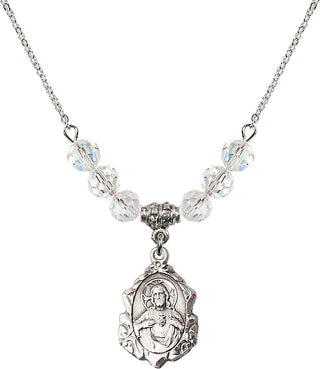 18" Rhodium Plated Necklace with 4mm Crystal Beads featuring a Sterling Silver Scapular Medal.