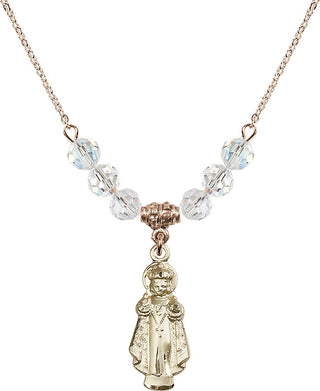 18" Hamilton Gold Plated Necklace with 4mm Crystal Beads featuring a 14kt Gold Filled Infant of Prague Medal.