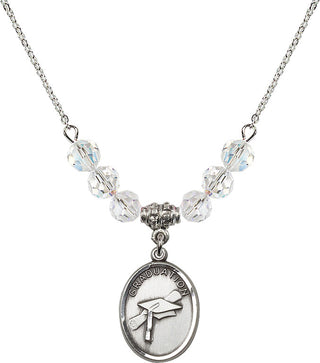 18" Rhodium Plated Necklace with 4mm Crystal Beads featuring a Sterling Silver Graduation Medal.