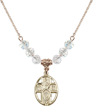 18" Hamilton Gold Plated Necklace with 4mm Crystal Beads featuring a 14kt Gold Filled 5-Way / Holy Spirit Medal.