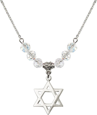 18" Rhodium Plated Necklace with 4mm Crystal Beads featuring a Sterling Silver Star of David Medal.