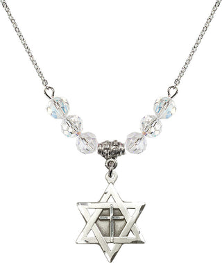 18" Rhodium Plated Necklace with 4mm Crystal Beads featuring a Sterling Silver Star of David with Cross Medal.