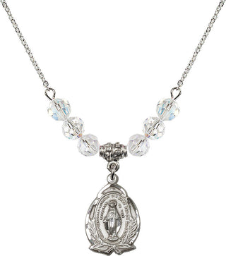 18" Rhodium Plated Necklace with 4mm Crystal Beads featuring a Sterling Silver Miraculous Medal.