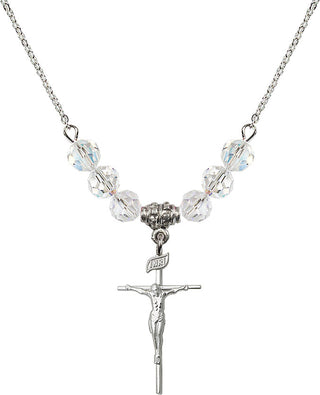 18" Rhodium Plated Necklace with 4mm Crystal Beads featuring a Sterling Silver Crucifix Medal.