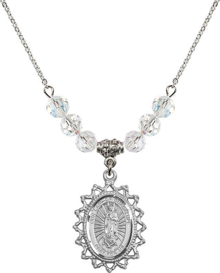 18" Rhodium Plated Necklace with 4mm Crystal Beads featuring a Sterling Silver Our Lady of Guadalupe Medal.