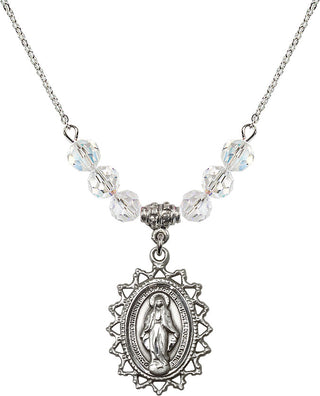 18" Rhodium Plated Necklace with 4mm Crystal Beads featuring a Sterling Silver Miraculous Medal.