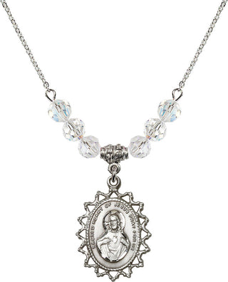18" Rhodium Plated Necklace with 4mm Crystal Beads featuring a Sterling Silver Scapular Medal.