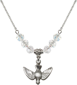 18" Rhodium Plated Necklace with 4mm Crystal Beads featuring a Sterling Silver Holy Spirit Medal.