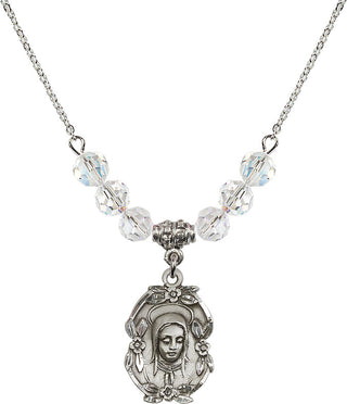 18" Rhodium Plated Necklace with 4mm Crystal Beads featuring a Sterling Silver Madonna Medal.