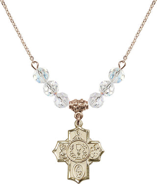 18" Hamilton Gold Plated Necklace with 4mm Crystal Beads featuring a 14kt Gold Filled Communion/5-Way Medal.