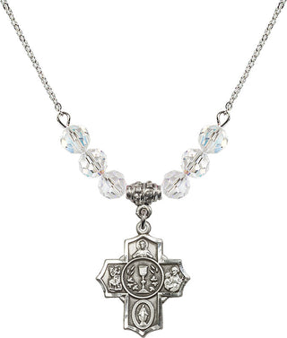 18" Rhodium Plated Necklace with 4mm Crystal Beads featuring a Sterling Silver Communion/5-Way Medal.