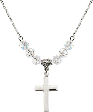 18" Rhodium Plated Necklace with 4mm Crystal Beads featuring a Sterling Silver Cross Medal.