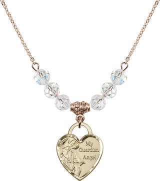 18" Hamilton Gold Plated Necklace with 4mm Crystal Beads featuring a 14kt Gold Filled Guardian Angel Heart Medal. Engraved Catholic Saint Jewelry
