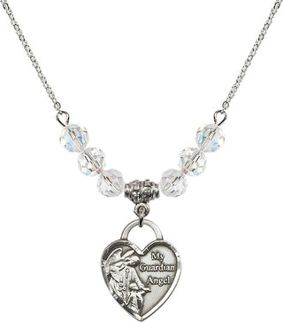 18" Rhodium Plated Necklace with 4mm Crystal Beads featuring a Sterling Silver Guardian Angel Heart Medal. Engraved Catholic Saint Jewelry
