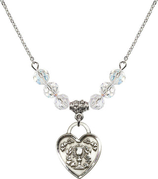 18" Rhodium Plated Necklace with 4mm Crystal Beads featuring a Sterling Silver Communion Heart Medal. Engraved Catholic Saint Jewelry