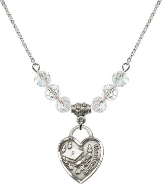 18" Rhodium Plated Necklace with 4mm Crystal Beads featuring a Sterling Silver Graduation Heart Medal. Engraved Catholic Saint Jewelry