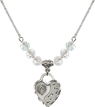 18" Rhodium Plated Necklace with 4mm Crystal Beads featuring a Sterling Silver Footprints Heart Medal. Engraved Catholic Saint Jewelry