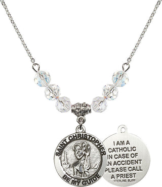 18" Rhodium Plated Necklace with 4mm Crystal Beads featuring a Sterling Silver Saint Christopher Medal.