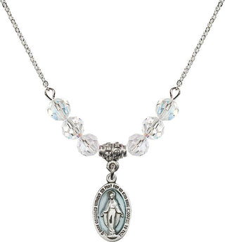 18" Rhodium Plated Necklace with 4mm Crystal Beads featuring a Sterling Silver Miraculous Medal.