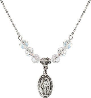 18" Rhodium Plated Necklace with 4mm Crystal Beads featuring a Sterling Silver Miraculous Medal.