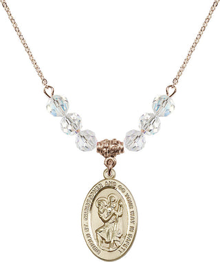 18" Hamilton Gold Plated Necklace with 4mm Crystal Beads featuring a 14kt Gold Filled Saint Christopher Medal. Engraved Catholic Saint Jewelry