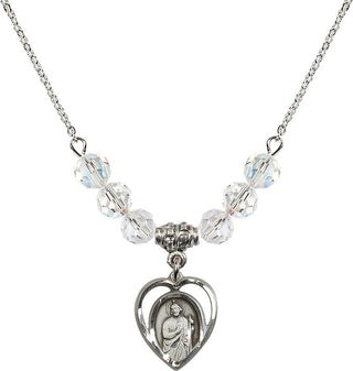 18" Rhodium Plated Necklace with 4mm Crystal Beads featuring a Sterling Silver Saint Jude Medal.